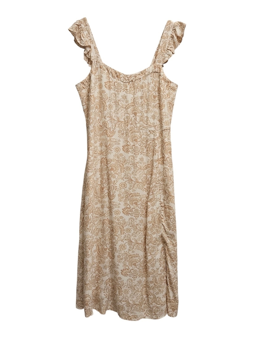 Loft Floral Paisley Ruffle Strap Midi Dress Beige Tan Romantic Cottagecore NWT